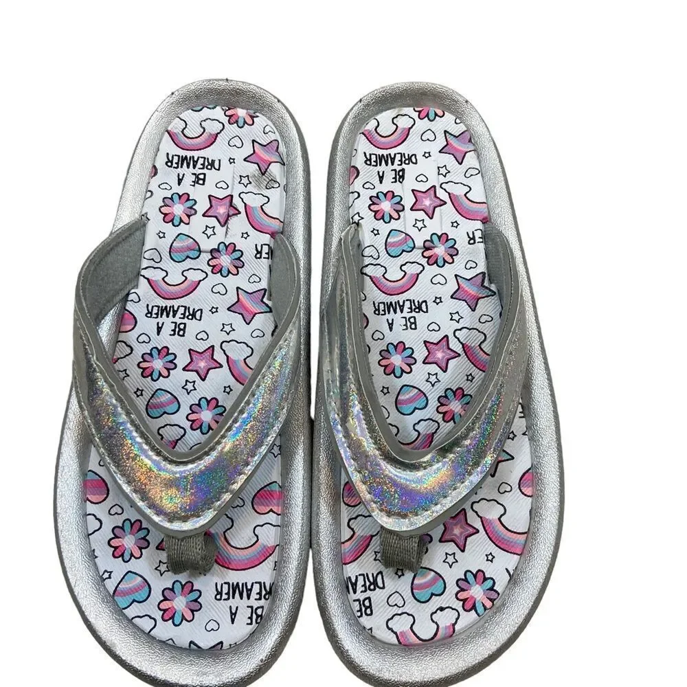 New without tags Girls Silver‎ and Rainbow Printed Flip Flops Size 1-2
